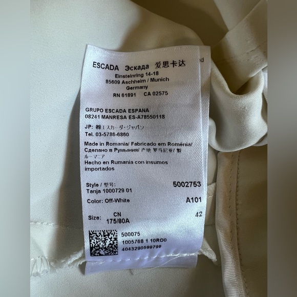 ESCADA Flat Front Off-White Pants Stretch Trousers EU 42 US 12 Classic Career - Picture 10 of 11